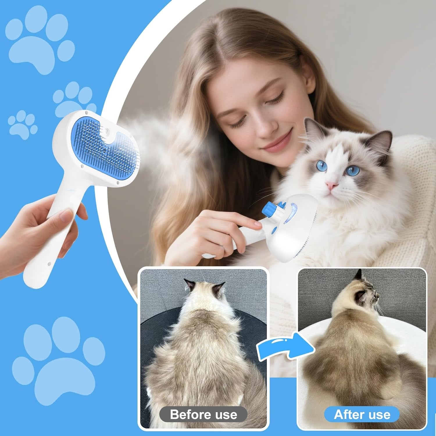 Pet Steam Brush for Dogs & Cats, 3-In-1 Shedding Grooming Tool | Self Cleaning Spray Comb with Mist, Dog Brush for Shedding, Cat Brush for Hair Removal, Long Haired Pets, 2 Waterless Shampoo
