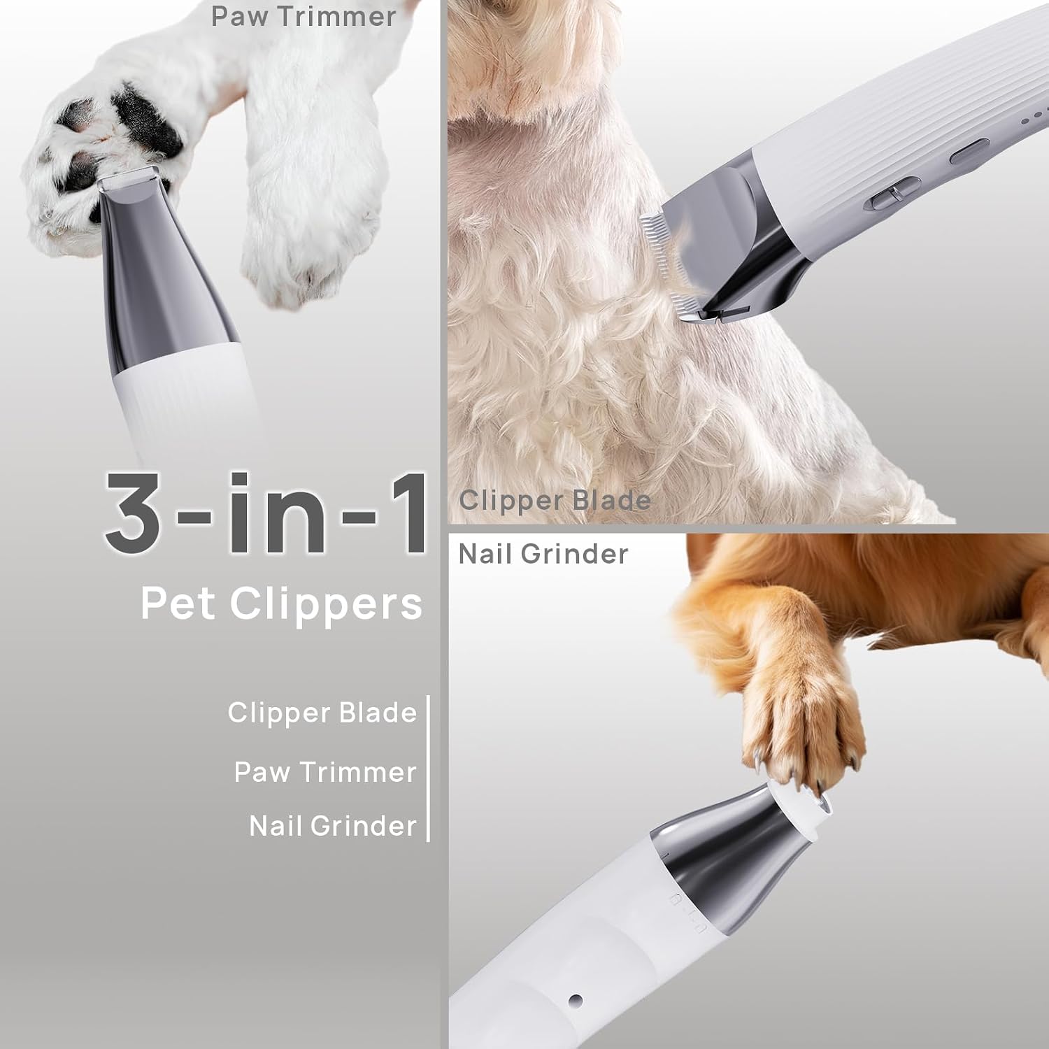 3-In-1 Pet Grooming Kit - Hair Clipper, paw Trimmer & Nail Grinder 