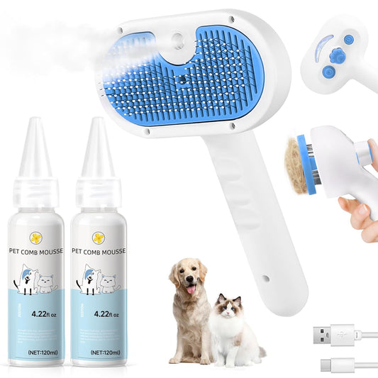 Pet Steam Brush for Dogs & Cats, 3-In-1 Shedding Grooming Tool | Self Cleaning Spray Comb with Mist, Dog Brush for Shedding, Cat Brush for Hair Removal, Long Haired Pets, 2 Waterless Shampoo