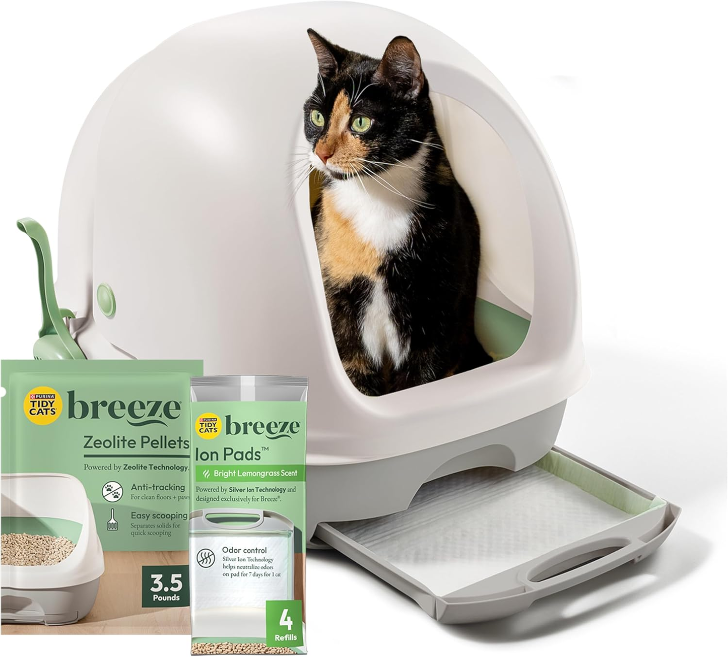 Breeze Covered Cat Litter Box System Kit with Pellet Cat Litter, Hooded Litter Box, and Litter Box Pads