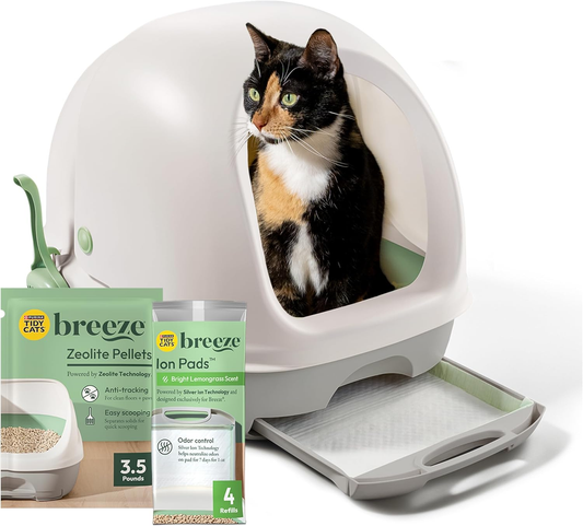 Breeze Covered Cat Litter Box System Kit with Pellet Cat Litter, Hooded Litter Box, and Litter Box Pads