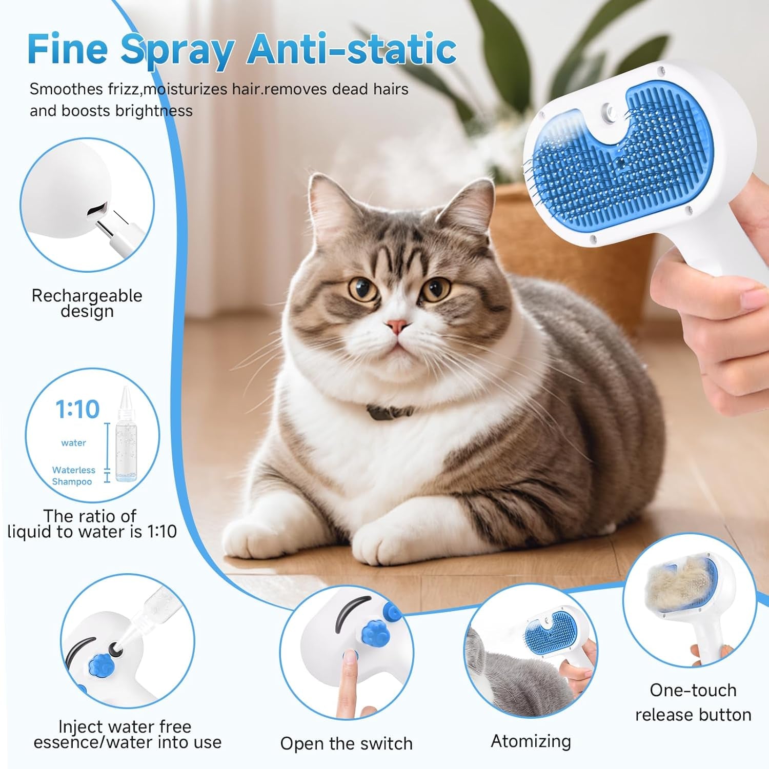 Pet Steam Brush for Dogs & Cats, 3-In-1 Shedding Grooming Tool | Self Cleaning Spray Comb with Mist, Dog Brush for Shedding, Cat Brush for Hair Removal, Long Haired Pets, 2 Waterless Shampoo